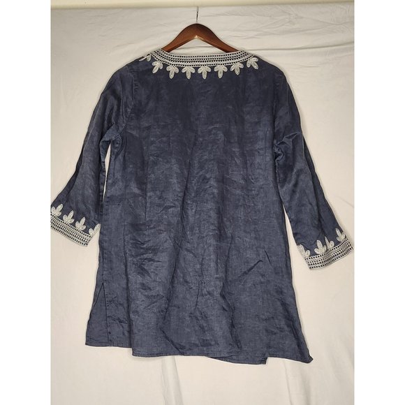 Chelsea & Theodore Women’s Linen Embroidered Navy Blue Ivory Tunic Blouse - Picture 2 of 8